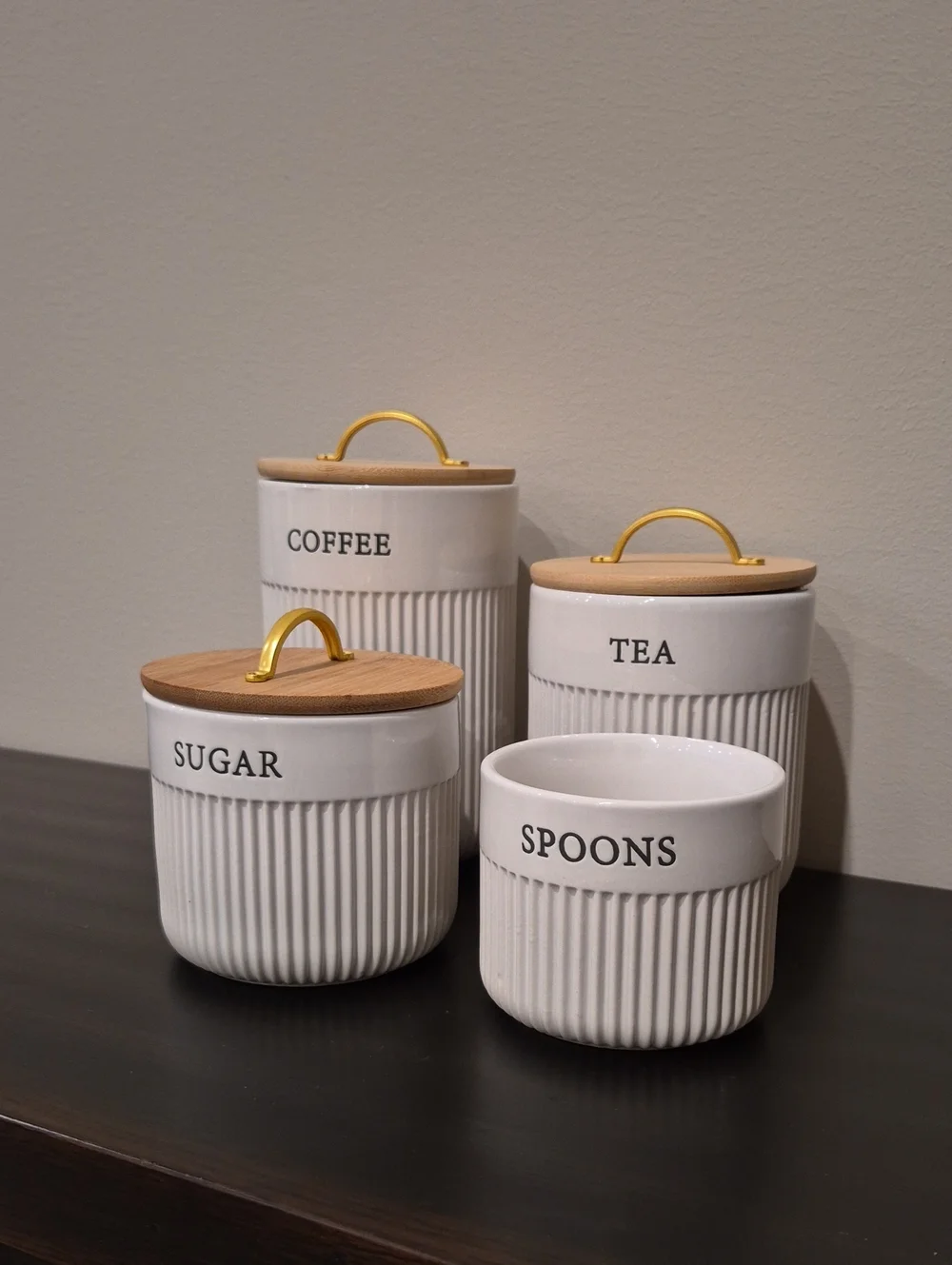 White Ceramic Kitchen Canister Set with Bamboo Lids and Gold Handles - 4 Piece
